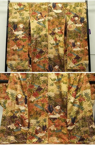 平和屋本店●最高級 希少 西陣 河合美術織物謹製 振袖・長襦袢セット 鴛鴦 本金箔 共箱付き 半衿刺繍 逸品 CZAA1560s5