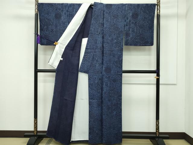 平和屋本店▽極上 外山良治 浅井正文 阿波藍天然染 お召 単衣 三重織 ろうけつやまずり 切嵌草花文 証紙付き 逸品 未使用 CZAA1699s5