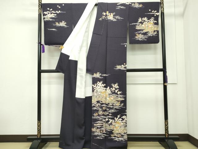 平和屋本店●極上 染匠 久保耕 訪問着 駒刺繍 風景文 金彩 黒紅色地 証紙付き 逸品 未使用 CZAA1726s5