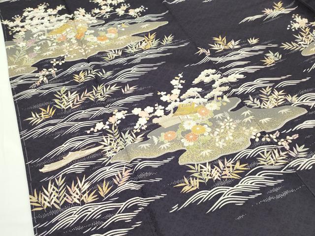 平和屋本店●極上 染匠 久保耕 訪問着 駒刺繍 風景文 金彩 黒紅色地 証紙付き 逸品 未使用 CZAA1726s5