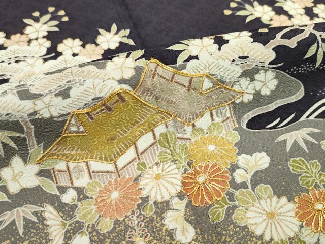 平和屋本店●極上 染匠 久保耕 訪問着 駒刺繍 風景文 金彩 黒紅色地 証紙付き 逸品 未使用 CZAA1726s5