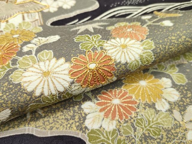 平和屋本店●極上 染匠 久保耕 訪問着 駒刺繍 風景文 金彩 黒紅色地 証紙付き 逸品 未使用 CZAA1726s5