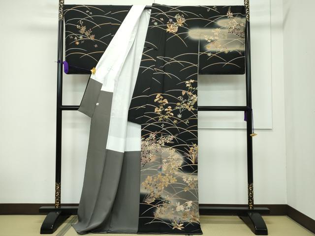 平和屋本店●極上 十日町 加賀草木友禅の第一人者 田村哲彦 訪問着 松波 動物草花文 暈し染め 黒地 反端付き 逸品 CZAA1733s5