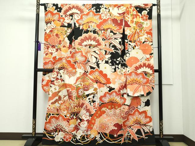 平和屋本店●極上 アンティーク 振袖 相良刺繍 駒刺繍 飛鶴檜扇草花文 黒地 金彩 逸品 CZAA1758s5