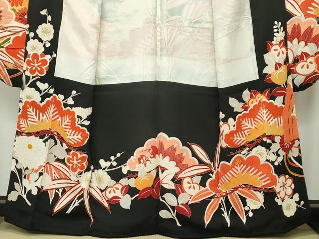平和屋本店●極上 アンティーク 振袖 相良刺繍 駒刺繍 飛鶴檜扇草花文 黒地 金彩 逸品 CZAA1758s5