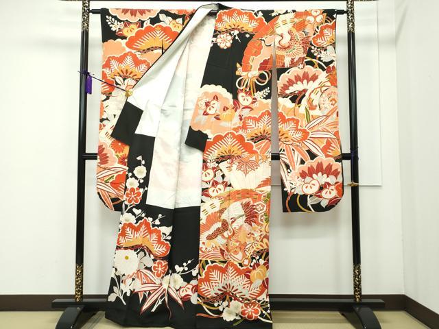 平和屋本店●極上 アンティーク 振袖 相良刺繍 駒刺繍 飛鶴檜扇草花文 黒地 金彩 逸品 CZAA1758s5