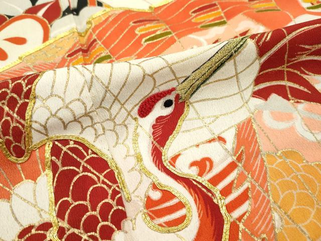 平和屋本店●極上 アンティーク 振袖 相良刺繍 駒刺繍 飛鶴檜扇草花文 黒地 金彩 逸品 CZAA1758s5