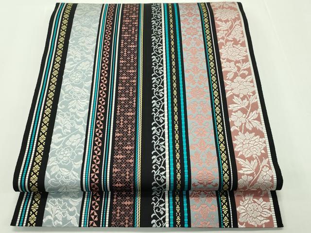 平和屋本店●極上 本場筑前博多織 八寸名古屋帯 草花間道 黒地 逸品 CZAA1794s5