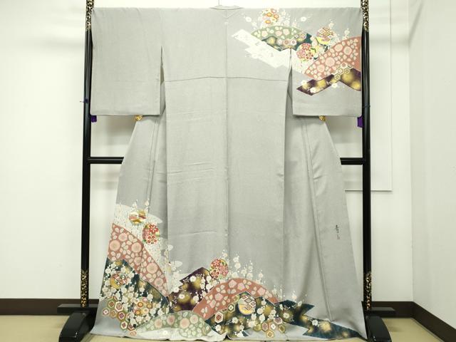 平和屋本店■極上 京友禅の第一人者 松井青々 訪問着 駒刺繍 草花丸文 金銀彩 茶鼠色地 逸品 CZAA1891s5