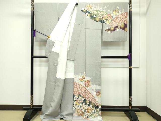 平和屋本店■極上 京友禅の第一人者 松井青々 訪問着 駒刺繍 草花丸文 金銀彩 茶鼠色地 逸品 CZAA1891s5