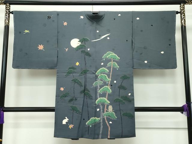 平和屋本店■極上 長羽織 作家物 梟 兎 満月 松 藍墨茶色地 逸品 未使用 CZAA1898s5