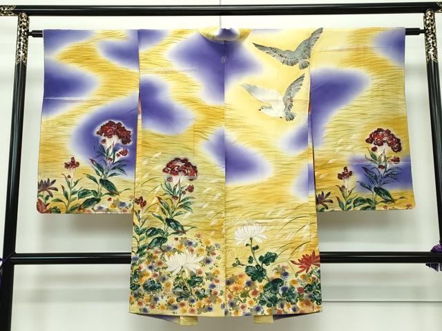 平和屋本店■極上 アンティーク 大正ロマン 長羽織 刺繍 草花文 鳩 暈し染め 金彩 逸品 CZAA1910s5