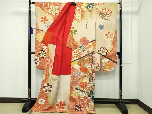 平和屋本店●極上 アンティーク 大正ロマン お引きずり・お引き摺り・引き振袖 駒刺繍 几帳吉祥草花文 暈し染め 金彩 逸品 CZAA1926s5