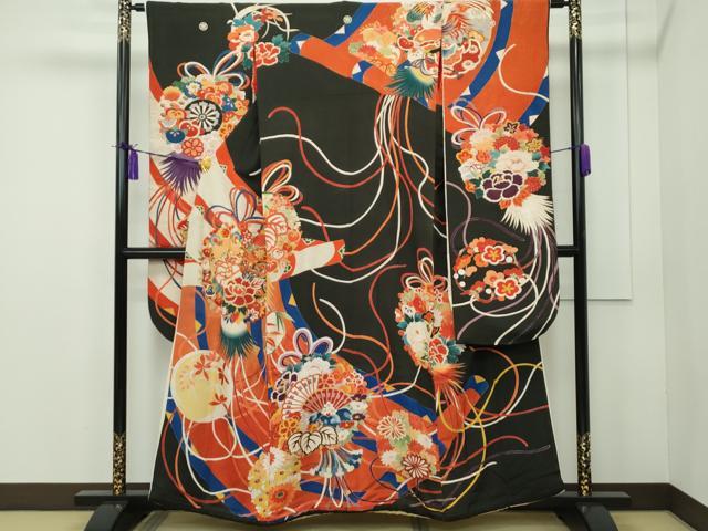平和屋本店■極上 アンティーク 大正ロマン 振袖 駒刺繍 檜扇鼓吉祥文 黒地 金彩 逸品 CZAA1931s5
