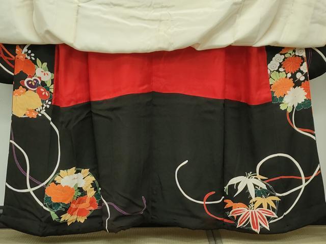 平和屋本店■極上 アンティーク 大正ロマン 振袖 駒刺繍 檜扇鼓吉祥文 黒地 金彩 逸品 CZAA1931s5