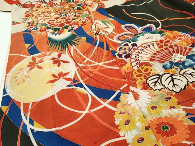 平和屋本店■極上 アンティーク 大正ロマン 振袖 駒刺繍 檜扇鼓吉祥文 黒地 金彩 逸品 CZAA1931s5