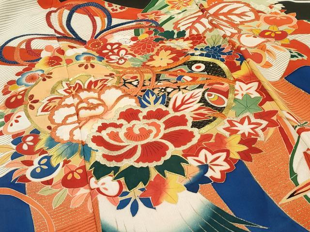 平和屋本店■極上 アンティーク 大正ロマン 振袖 駒刺繍 檜扇鼓吉祥文 黒地 金彩 逸品 CZAA1931s5