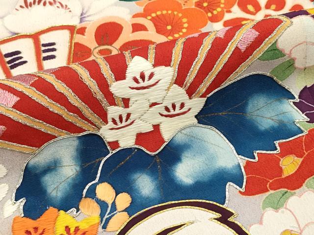 平和屋本店■極上 アンティーク 大正ロマン 振袖 駒刺繍 檜扇鼓吉祥文 黒地 金彩 逸品 CZAA1931s5