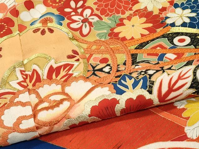 平和屋本店■極上 アンティーク 大正ロマン 振袖 駒刺繍 檜扇鼓吉祥文 黒地 金彩 逸品 CZAA1931s5