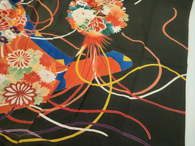 平和屋本店■極上 アンティーク 大正ロマン 振袖 駒刺繍 檜扇鼓吉祥文 黒地 金彩 逸品 CZAA1931s5