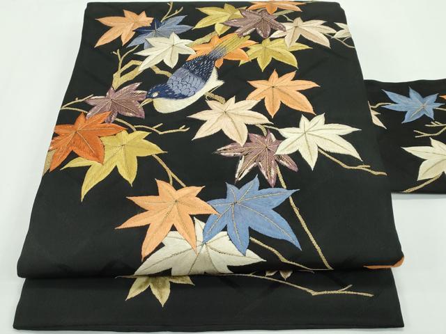 平和屋本店■極上 アンティーク 大正ロマン 九寸名古屋帯 総手刺繍 休み鳥 楓 黒地 金糸 逸品 CZAA1990s5