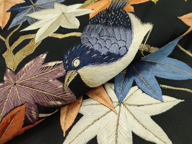 平和屋本店■極上 アンティーク 大正ロマン 九寸名古屋帯 総手刺繍 休み鳥 楓 黒地 金糸 逸品 CZAA1990s5