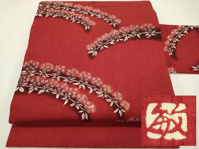 平和屋本店■希少 日本工芸会正会員 釜我敏子 型絵染 九寸名古屋帯 紬地 草花文 紅海老茶色地 逸品 未使用 CZAA2040s5