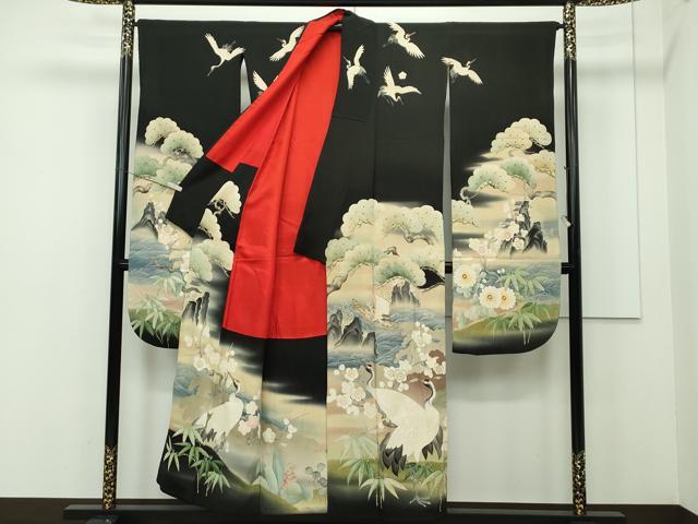 平和屋本店■極上 アンティーク 大正ロマン 振袖 相良刺繍 松竹梅飛鶴文 暈し染め 黒地 逸品 CZAA2043s5