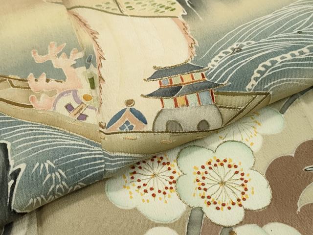 平和屋本店■極上 アンティーク 大正ロマン 振袖 相良刺繍 松竹梅飛鶴文 暈し染め 黒地 逸品 CZAA2043s5