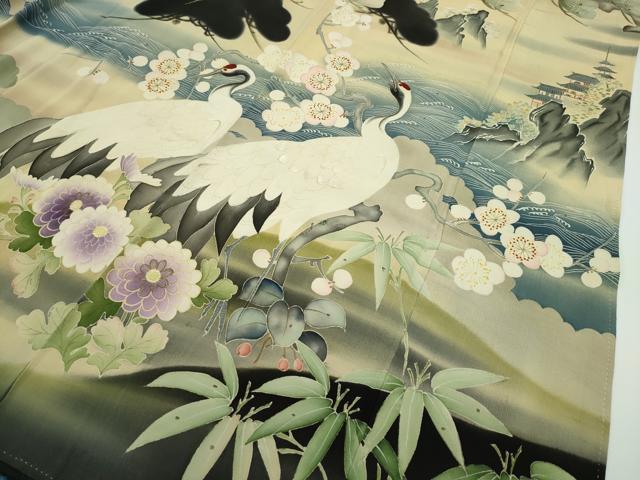 平和屋本店■極上 アンティーク 大正ロマン 振袖 相良刺繍 松竹梅飛鶴文 暈し染め 黒地 逸品 CZAA2043s5