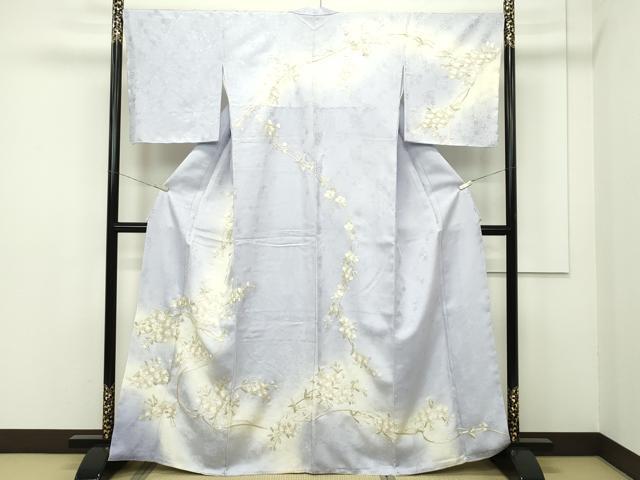 平和屋本店■極上 訪問着 総手刺繍 相良刺繍 枝桜 暈し染め 金糸 白藤色地 反端付き 逸品 未使用 CZAA2071s5