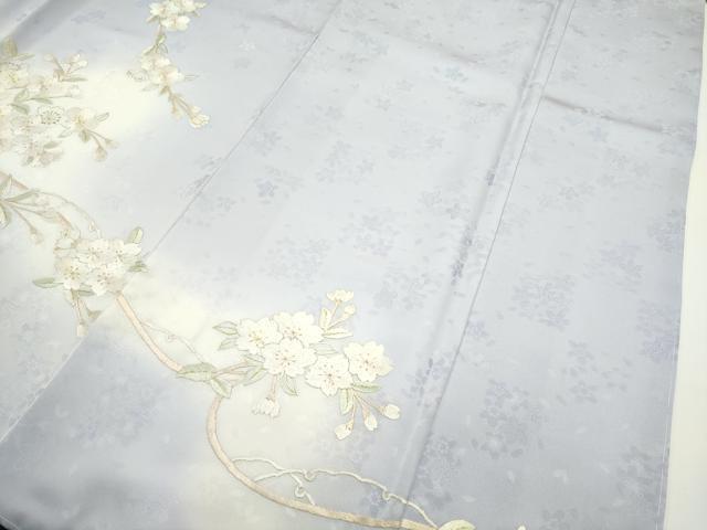 平和屋本店■極上 訪問着 総手刺繍 相良刺繍 枝桜 暈し染め 金糸 白藤色地 反端付き 逸品 未使用 CZAA2071s5