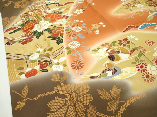 平和屋本店■極上 創業460年・千總 振袖 駒刺繍 御所車鴛鴦飛鶴花文 暈し染め 金彩 そごう扱い 反端付 逸品 未使用 CZAA2072s5