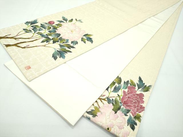 平和屋本店●極上 手描き友禅作家 腰原淳策 太鼓柄袋帯 刺繍 枝牡丹 金糸 逸品 CZAA2133s5