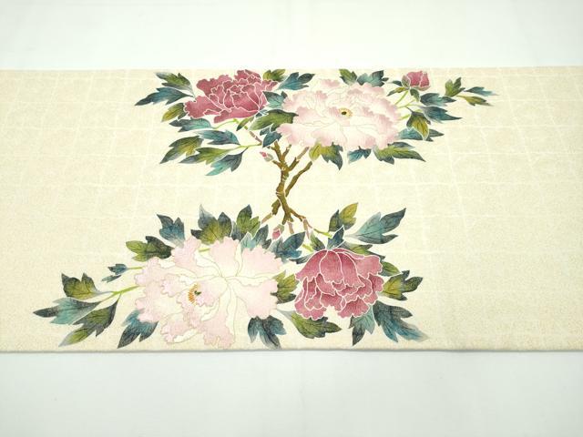 平和屋本店●極上 手描き友禅作家 腰原淳策 太鼓柄袋帯 刺繍 枝牡丹 金糸 逸品 CZAA2133s5