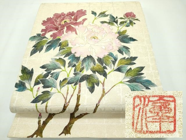 平和屋本店●極上 手描き友禅作家 腰原淳策 太鼓柄袋帯 刺繍 枝牡丹 金糸 逸品 CZAA2133s5