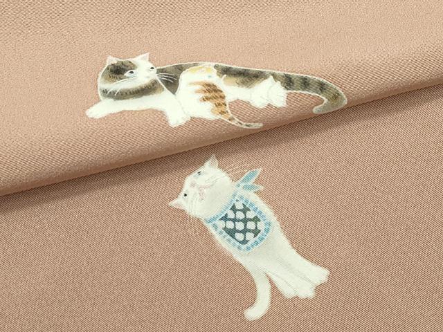 平和屋本店●極上 小紋 手描き 猫 深支子色地 逸品 未使用 CZAA2200s5