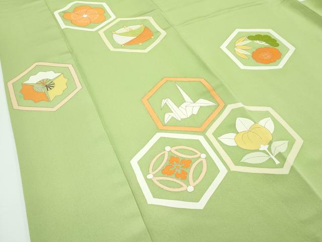 平和屋本店■極上 銀座 志ま亀 訪問着 亀甲吉祥花文 金彩 抹茶色地 たとう紙付き 逸品 CZAA2211s5