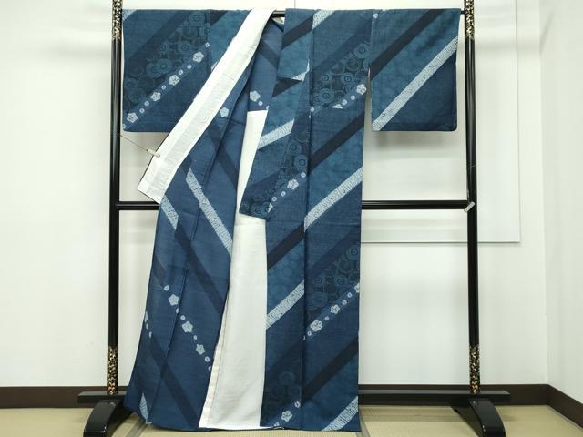 平和屋本店▽極上 伝統工芸士 七代目 吉澤与市 紬 単衣 絞り 斜線花文 藍 逸品 CZAA2228s5