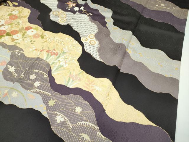 平和屋本店●極上 訪問着 駒刺繍 道長草花文 金彩 紫黒色地 逸品 CZAA2243s5