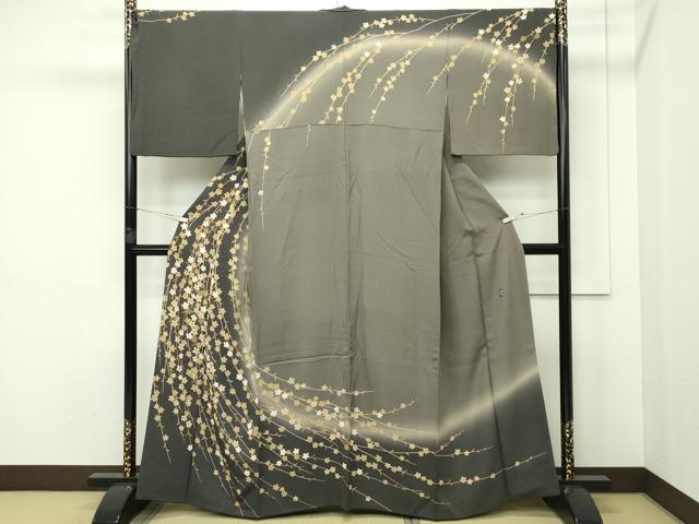 平和屋本店●極上 十日町 加賀草木友禅の第一人者 田村哲彦 訪問着 枝垂れ花文 暈し染め 樺茶色地 逸品 CZAA2244s5