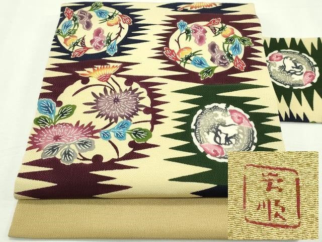 平和屋本店■最高級 城間栄順 本場琉球紅型 九寸名古屋帯 草花丸文 鬼しぼ縮緬 逸品 未使用 CZAA2339s5