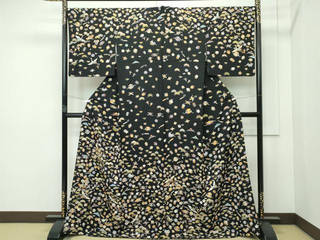平和屋本店■極上 訪問着 駒刺繍 宝尽くし 黒地 金彩 逸品 CZAA2356s5