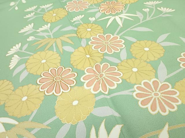 平和屋本店■極上 創業460年・千總 訪問着 駒刺繍 草花文 金彩 山葵色地 三越扱い 逸品 CZAA2406s5