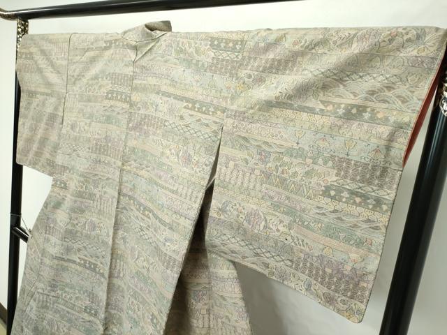 平和屋本店■極上 本場結城紬 重要無形文化財 モロ入り 100亀甲 草花横段文 逸品 未使用 CZAA2413s5