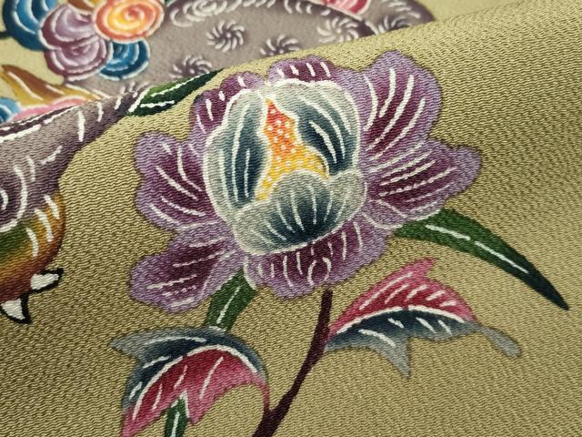 平和屋本店■最高級 城間栄順 本場琉球紅型 九寸名古屋帯 唐獅子牡丹 鬼しぼ縮緬 朽葉色地 逸品 CZAA2435s5