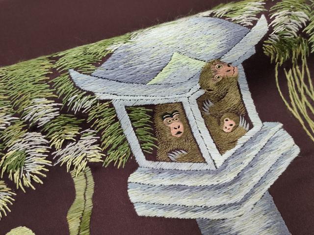 平和屋本店■極上 ファッションデザイナー 花井幸子 太鼓柄袋帯 総手刺繍 猿 紫鳶色地 逸品 CZAA2440s5