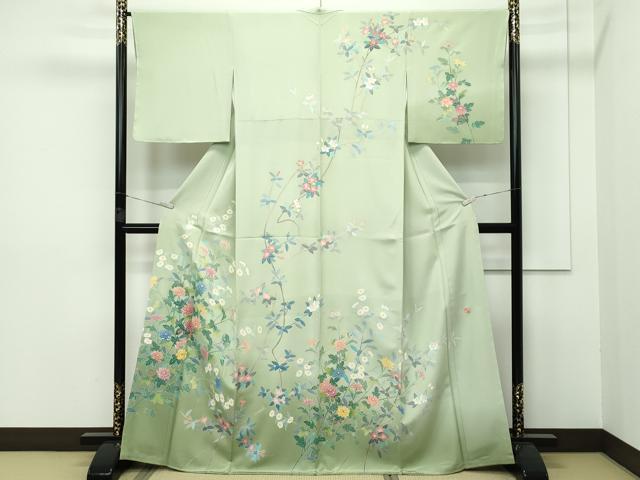 平和屋本店■極上 本加賀友禅作家 寺西幸博 訪問着 草花文 暈し染め 若草色地 逸品 未使用 CZAA2464s5