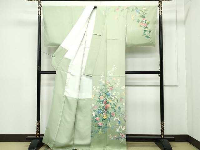 平和屋本店■極上 本加賀友禅作家 寺西幸博 訪問着 草花文 暈し染め 若草色地 逸品 未使用 CZAA2464s5
