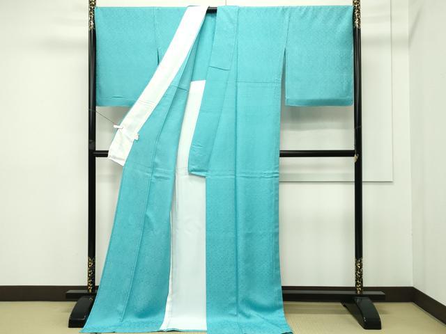平和屋本店■極上 色無地 単衣 青竹色 吉祥唐草地紋 三井屋扱い 反端付き 逸品 未使用 CZAA2488s5